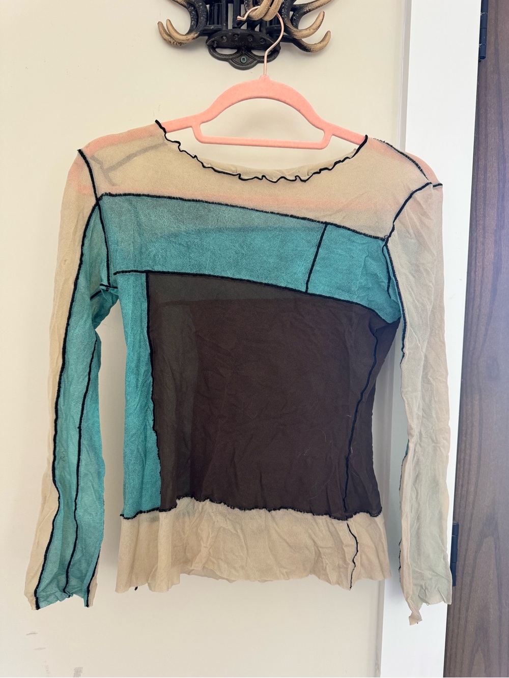 Sheer Colorblock Long-Sleeve Top in Teal, Brown & Cream